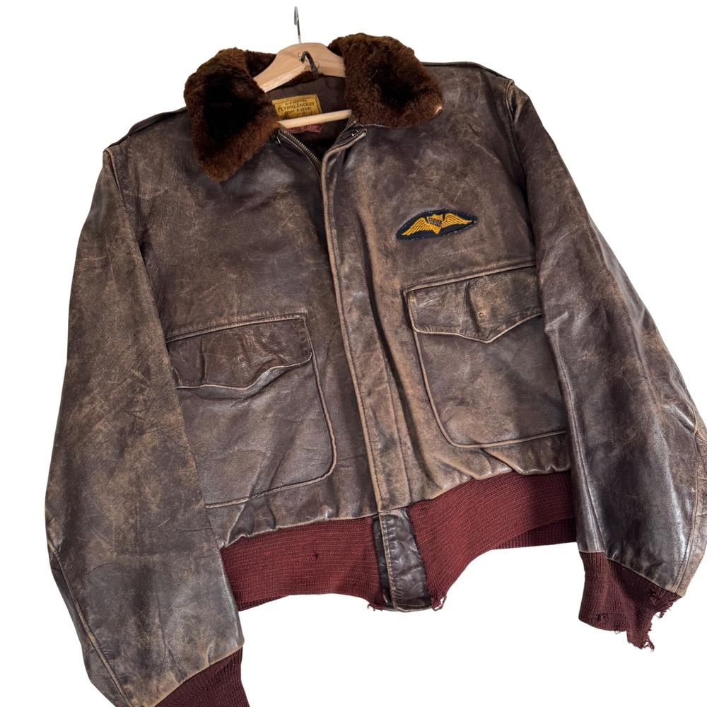 Vintage A-2 Flying Jacket Brown Leather Aviator Bomber AOPA Patch Distressed